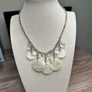 White Shell Statement Necklace with Silvertone Chain